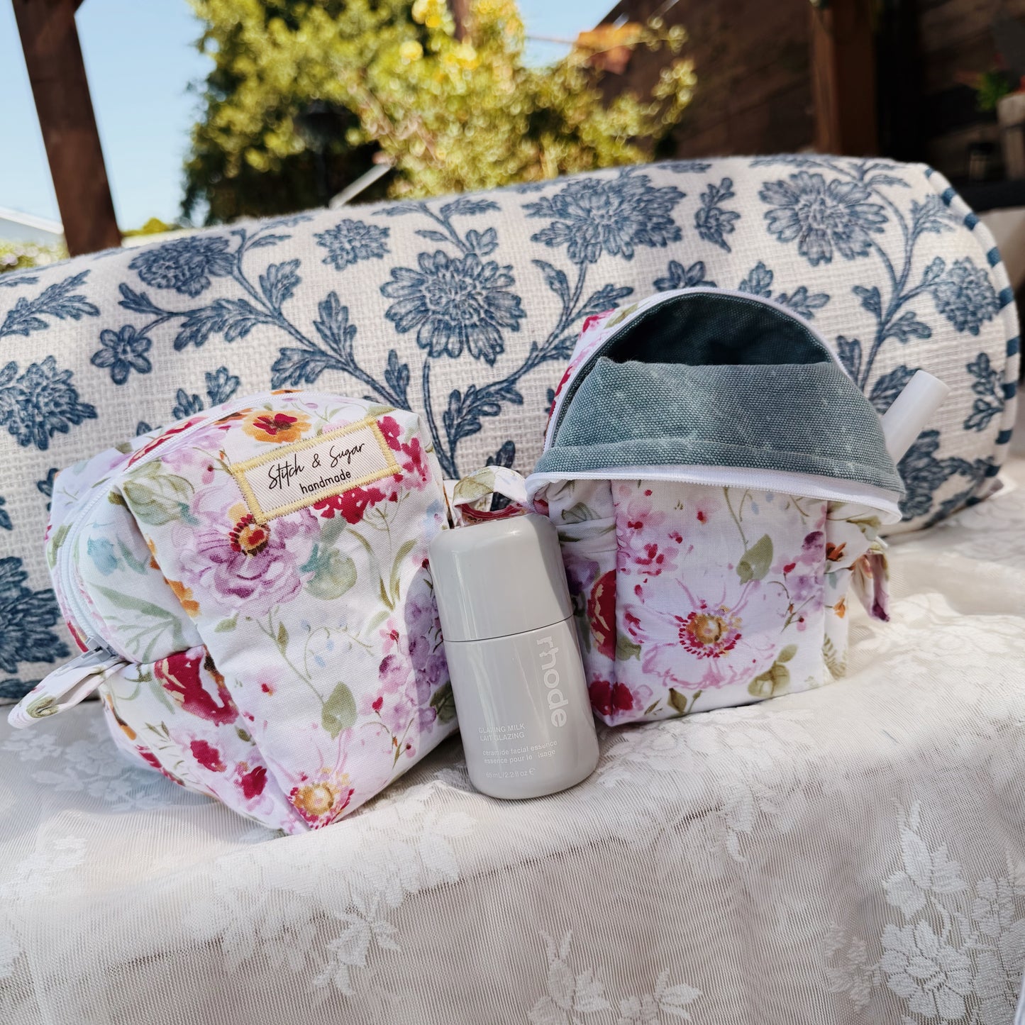 Denim Blooms makeup bag