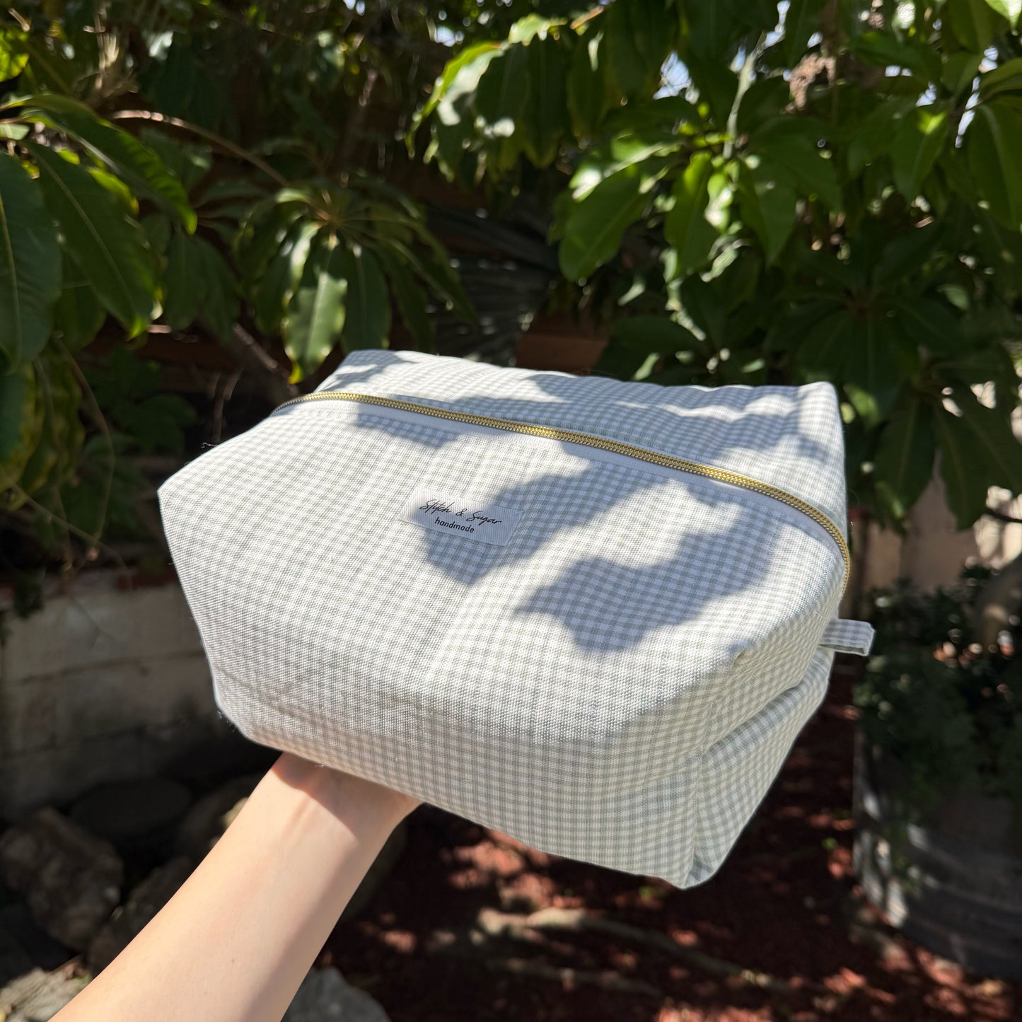 Sage Gingham Makeup Bag