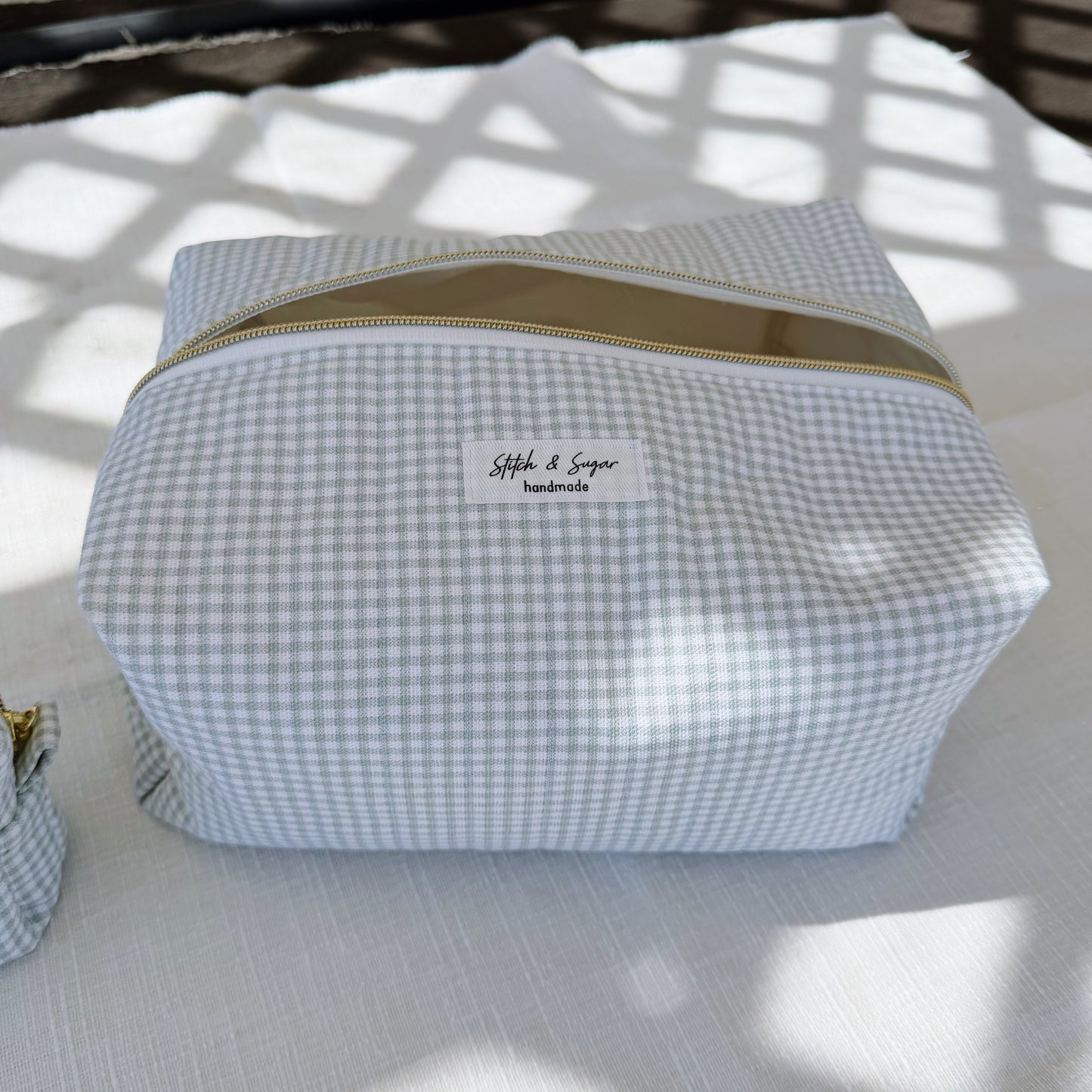 Sage Gingham Makeup Bag