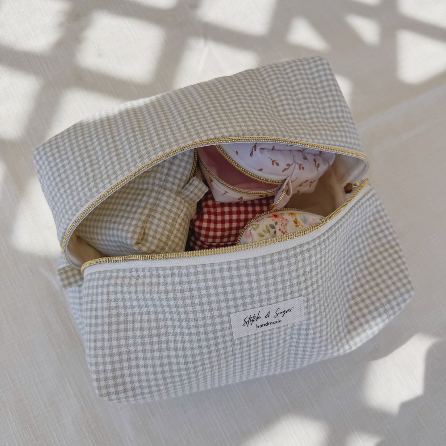 Sage Gingham Makeup Bag