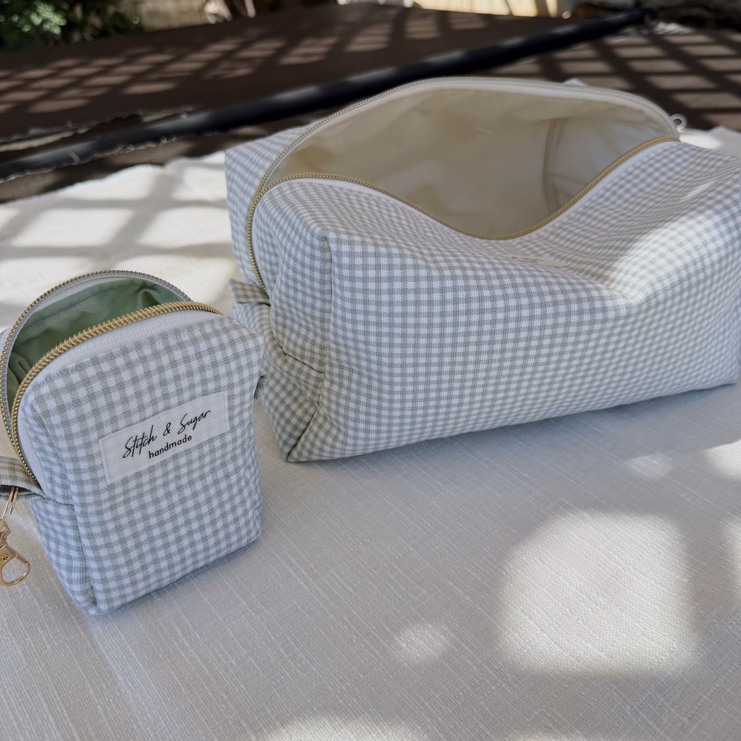Sage Gingham Makeup Bag